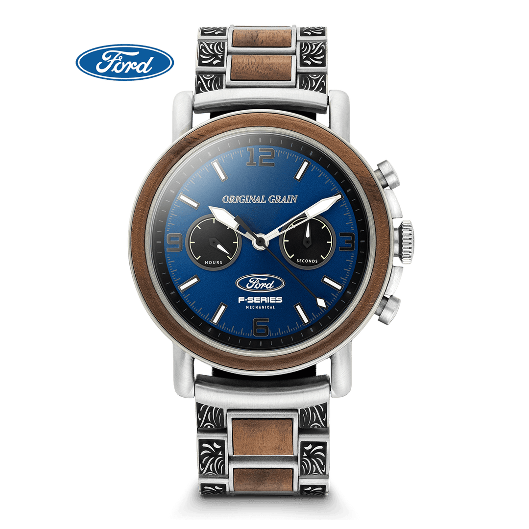 Ford chrono 44mm mechanical watch, blue dial, wood panels, metal bracelet
