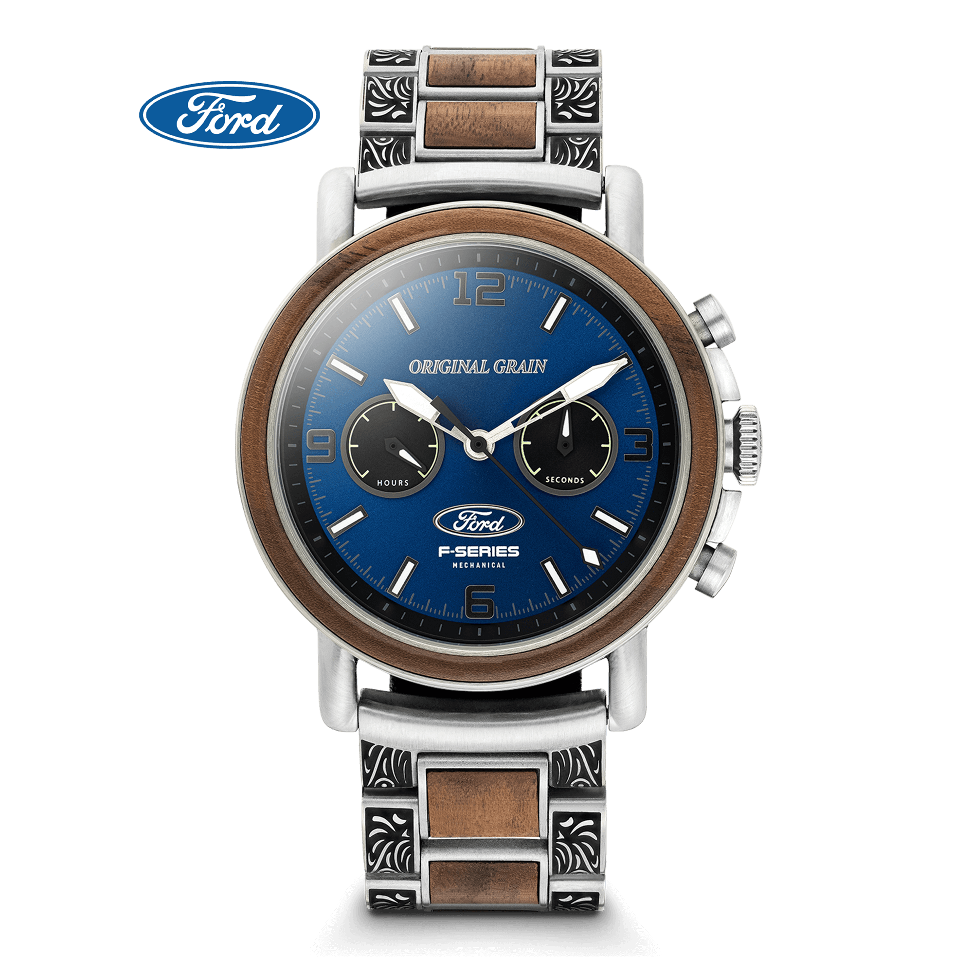 Ford chrono 44mm mechanical watch, blue dial, wood panels, metal bracelet