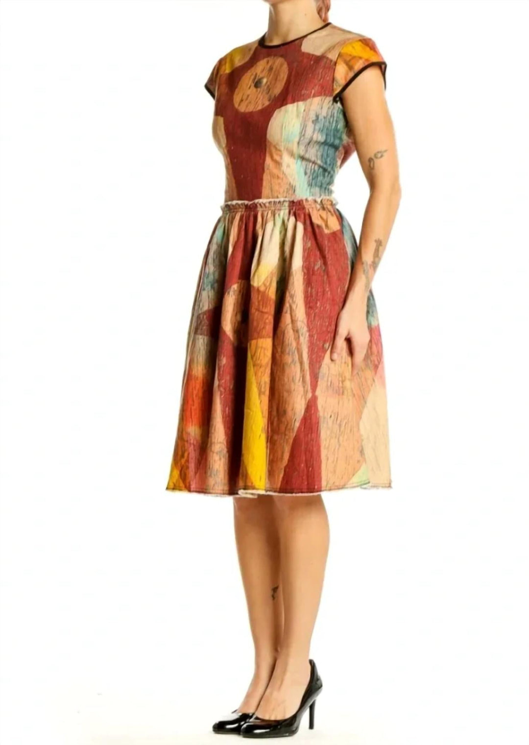 Women’s Carnival Patchwork Dress, Orange Multi, gathered waist and cap sleeves