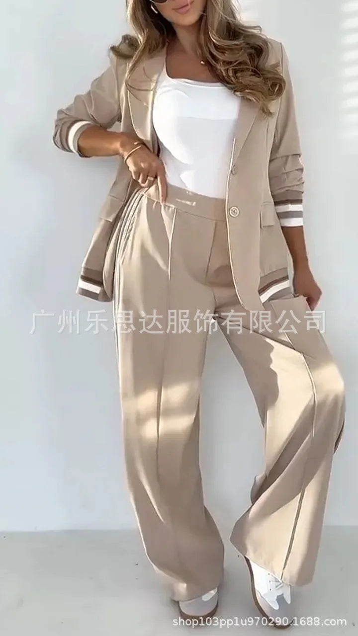 Women Suit Jacket 2 Piece Sets Striped Blazer Coat Turn Down Collar Single Breasted Wide Leg Pants Ensemble Office Lady Outfits