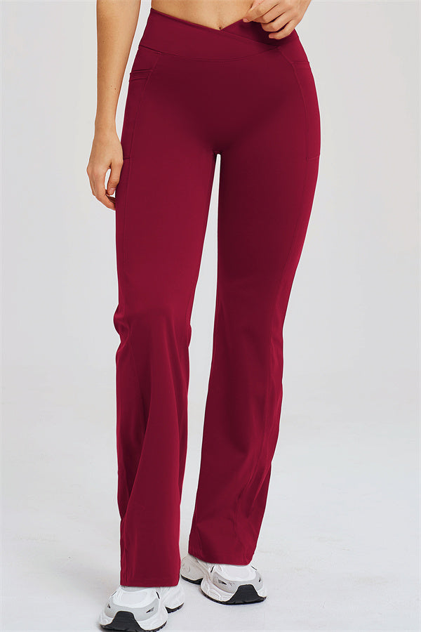 Burgunderfarbene Flared Leggings, hohe Taille, lockerer Stand unten am Saum