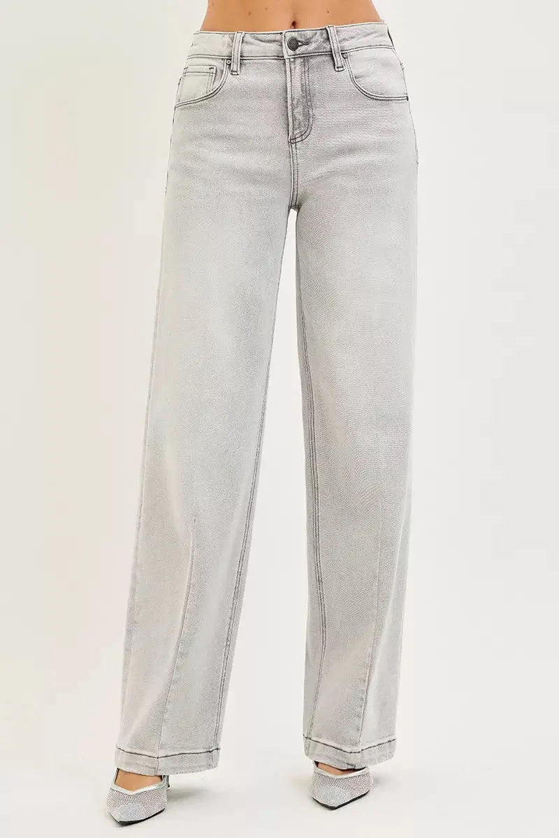 Light gray slouchy baggy jeans with contrast stitching, high-rise button fly