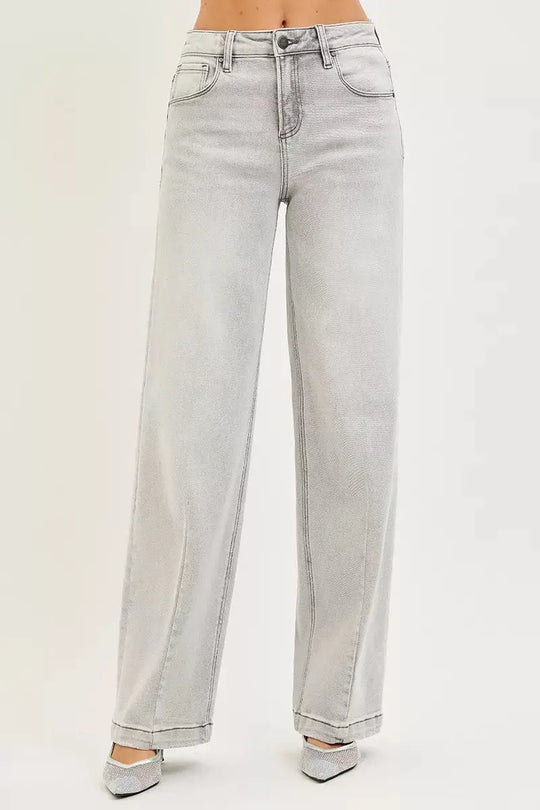Light gray slouchy baggy jeans with contrast stitching, high-rise button fly