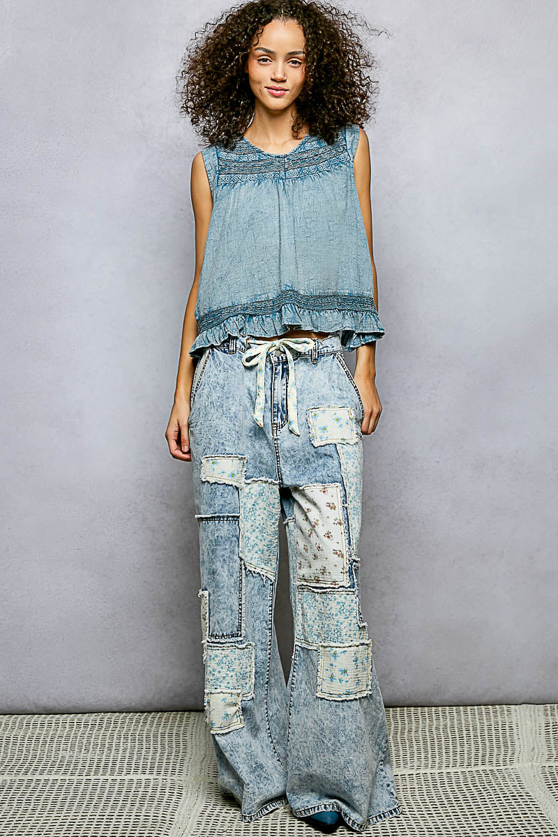 Shopimist denim blue sleeveless cotton blouse with ruffled hem and embroidered yoke