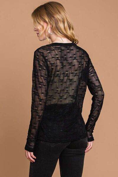 Black mesh long-sleeve top with round neck, back view and fitted waist