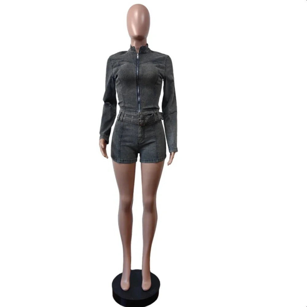 Dark gray denim 2-piece set: zip-up jacket and high-waist denim shorts, belt