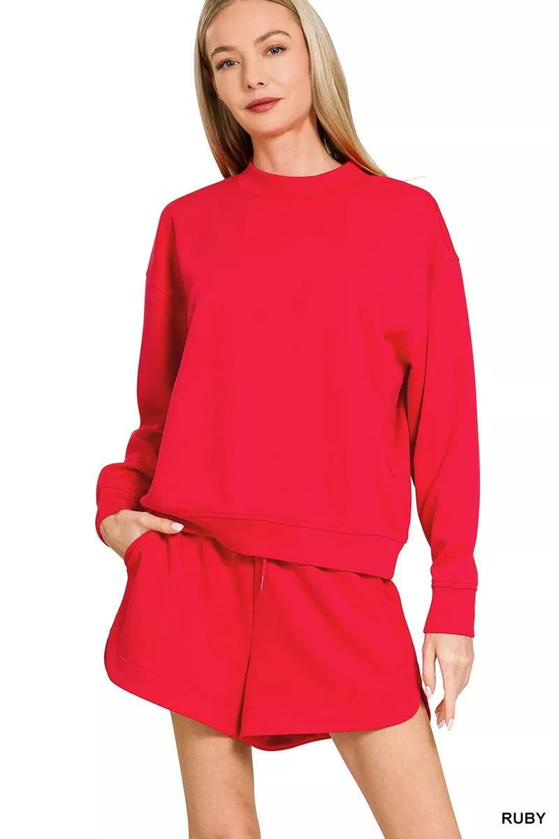 Ruby rotes Scuba-Langarm-Sweatshirt und Shorts-Set, Rundhalsausschnitt