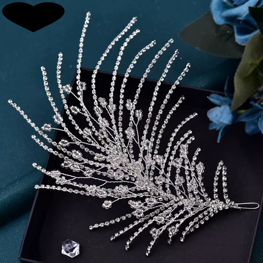 Silver rhinestone tiara headband spread wide, dense sparkle and dangling chains