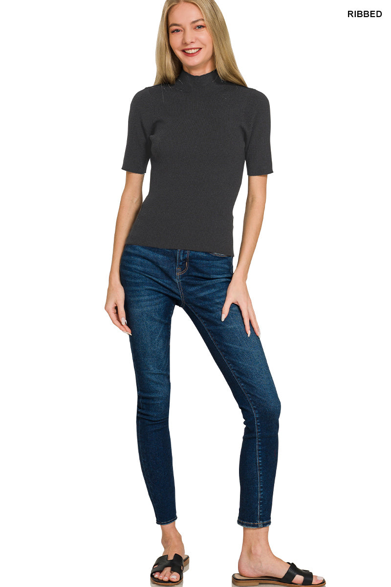 Zenana ribbed mock neck sweater, short sleeves, slim fit