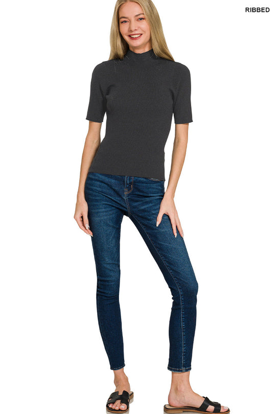 Zenana ribbed mock neck sweater, short sleeves, slim fit