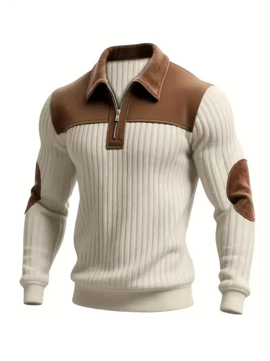 Patchwork-Strickpullover mit Reißverschluss, creme/weiß mit braunen Einsätzen