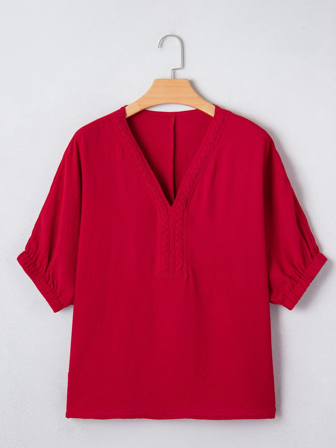 Deep Red half-sleeve blouse on hanger, V-neck with braided embroidered front