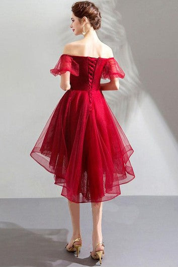 Red corset-back high-low tulle dress with off-shoulder flutter sleeves
