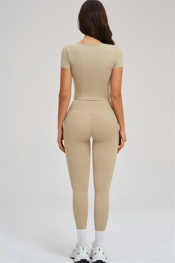 Almond 2-piece set, back view: fitted tee and high-rise leggings