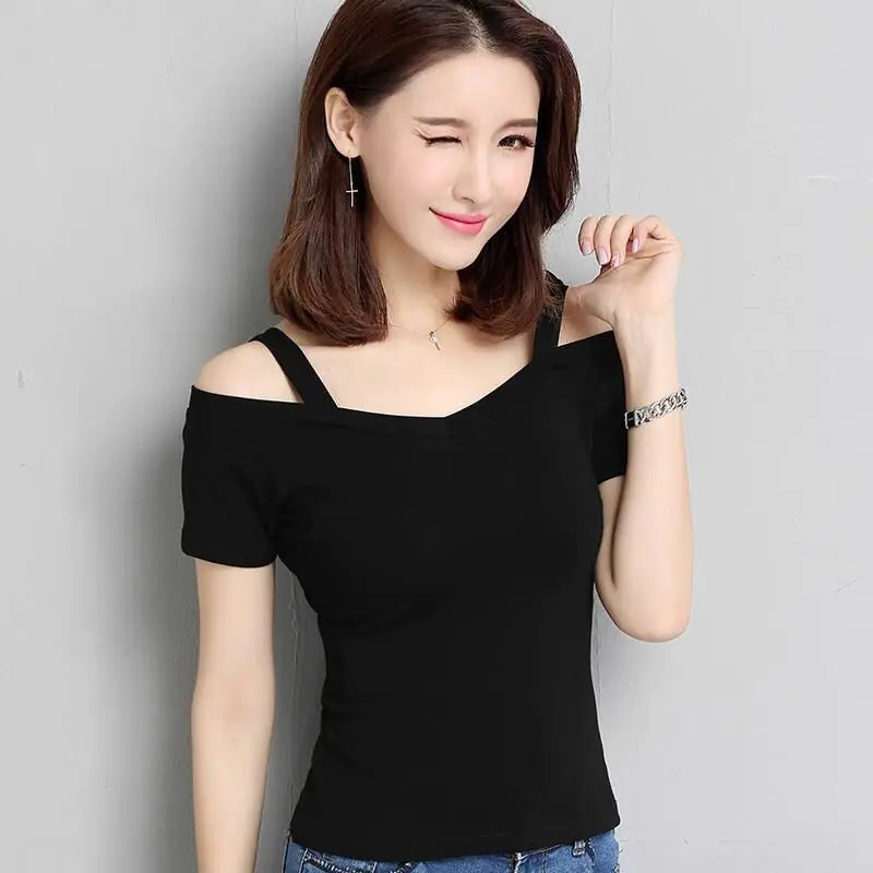 Trendy Attic Store01 black off-shoulder slim short-sleeve T-shirt