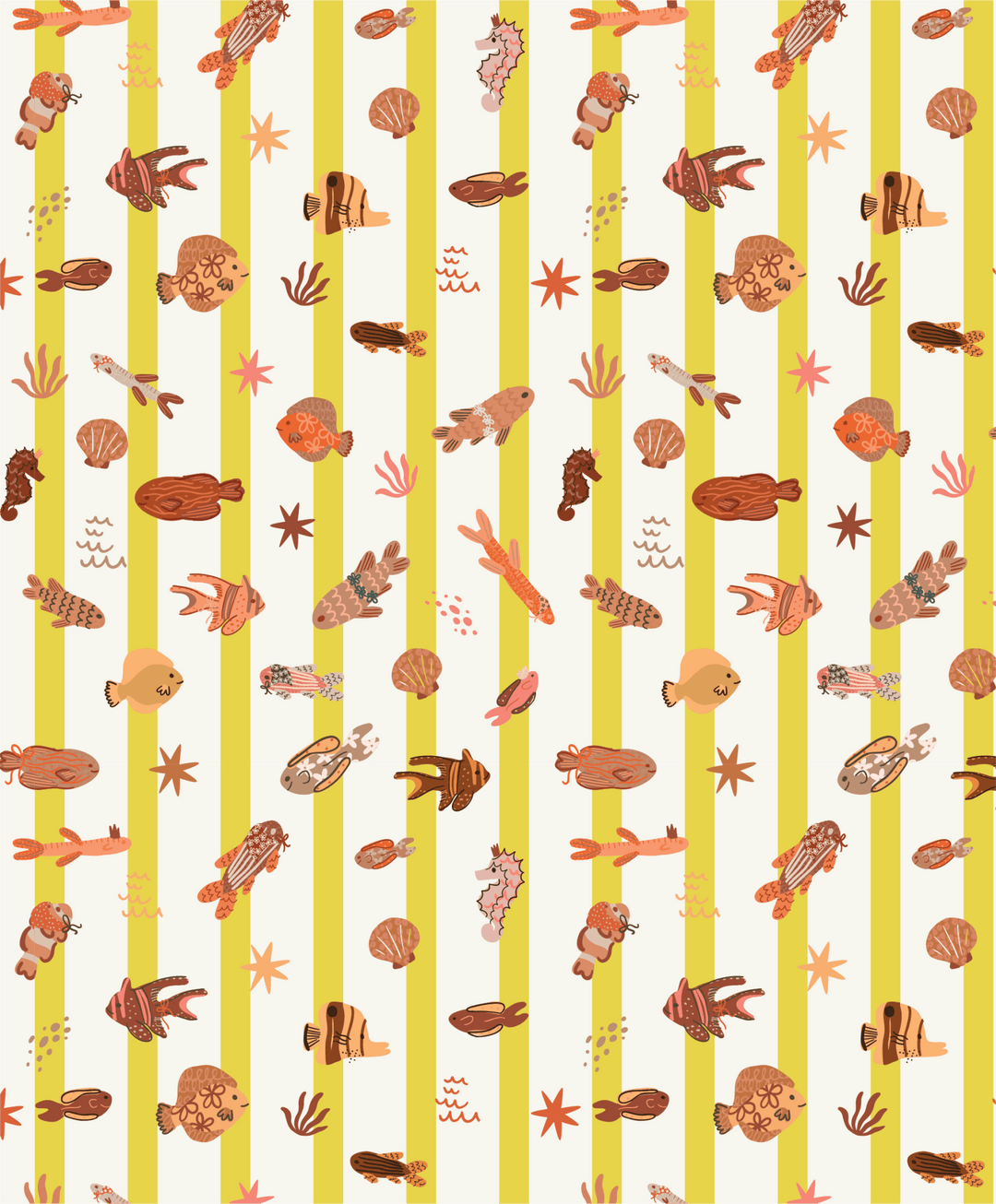 Fancy Fins fabric pattern: repeating critters on vertical cream and yellow stripes
