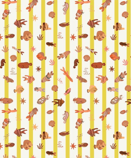 Fancy Fins fabric pattern: repeating critters on vertical cream and yellow stripes