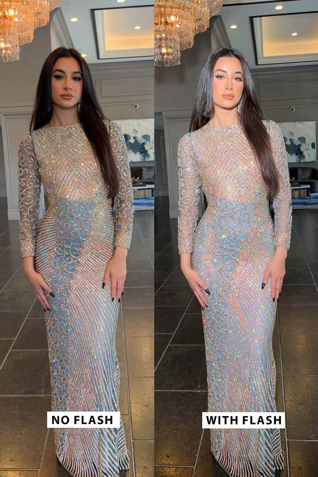 Long-sleeve embellished maxi dress with shimmering stone and smoky blue accents