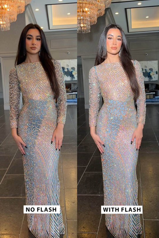 Long-sleeve embellished maxi dress with shimmering stone and smoky blue accents