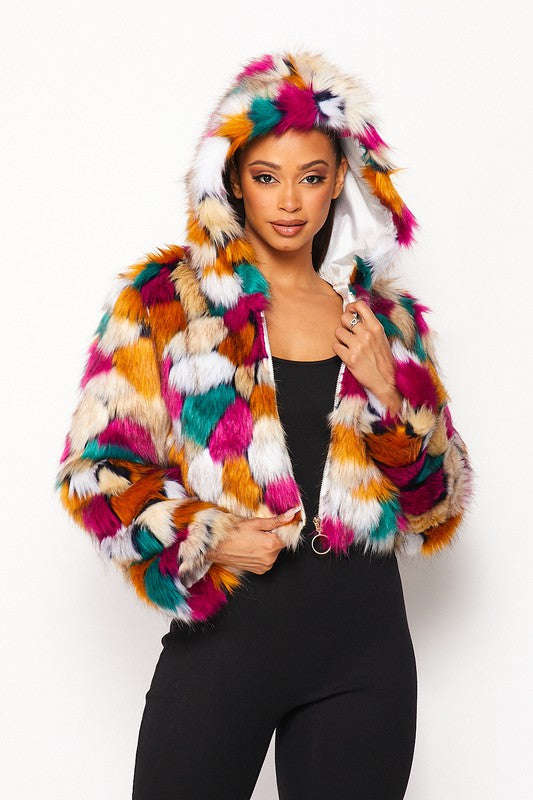 Multicolor faux fur hooded jacket with front zipper, chunky checkered pattern