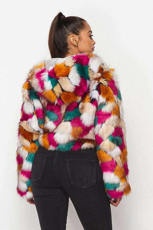 Multicolor faux fur hooded jacket, back view with dense knit-look fur pattern