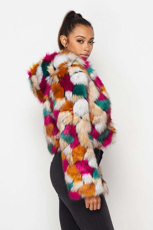 Multicolor faux fur hooded jacket, front detail with textured fur and shaped hood
