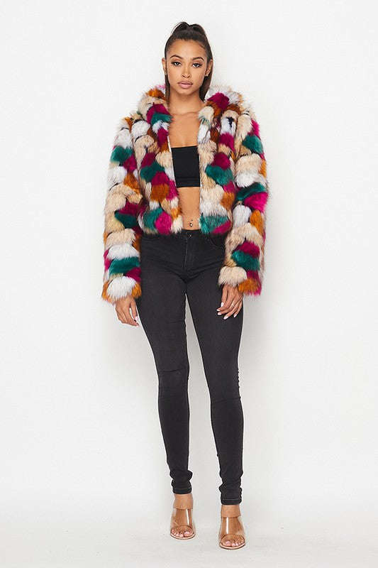 Multicolor faux fur hooded jacket, full front view with open front and long sleeves