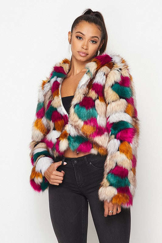 Multicolor faux fur hooded jacket, front view with vibrant block-pattern fur