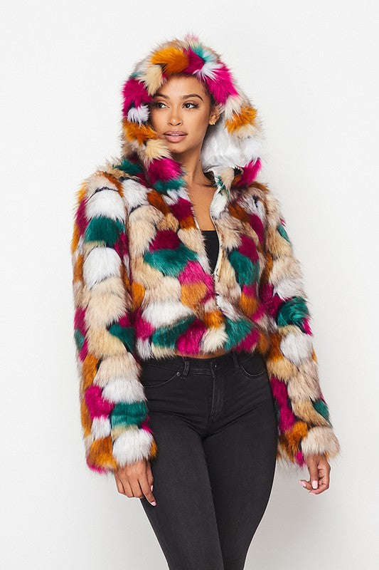 Multicolor faux fur hooded jacket, close front view with colorful hood trim