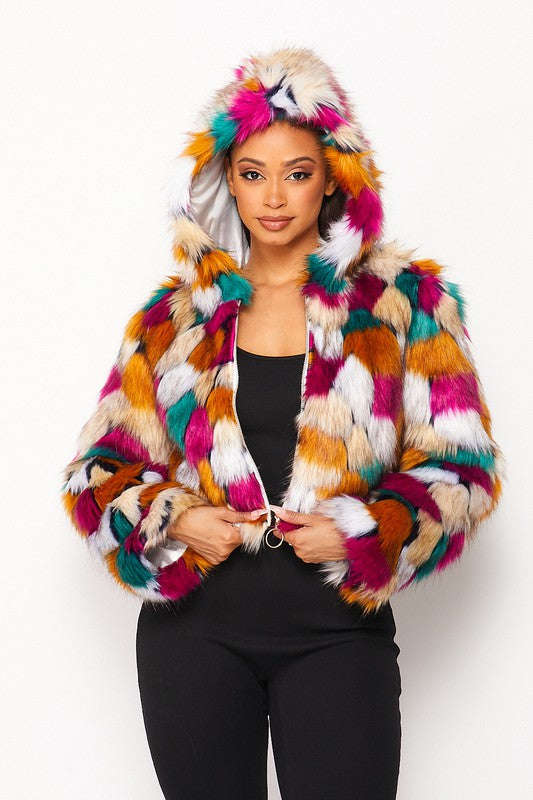 Multicolor faux fur hooded jacket, front zipper area visible in multicolored fur