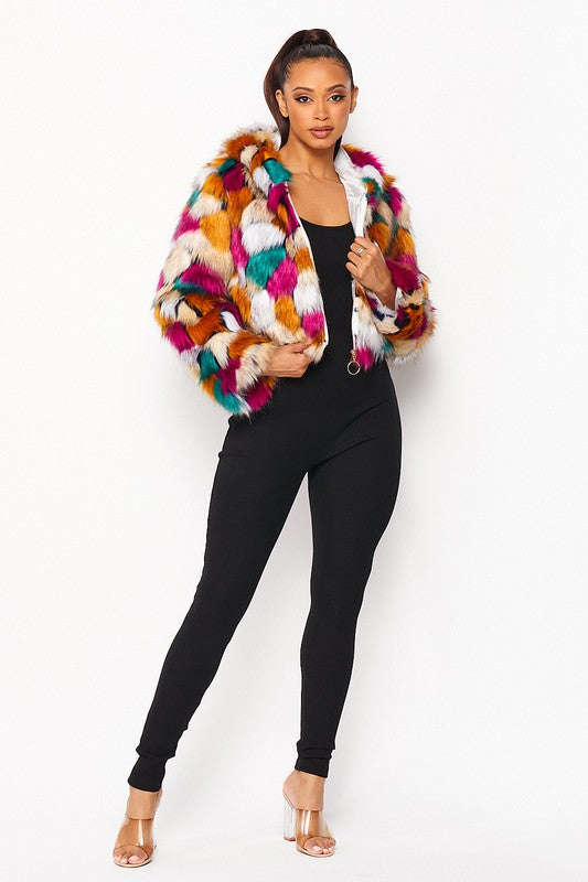 Multicolor faux fur hooded jacket, standing full-body view with long sleeves