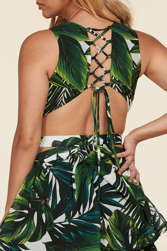 Espalda de tropical leaf maxi dress verde con cordones cruzados y lazo