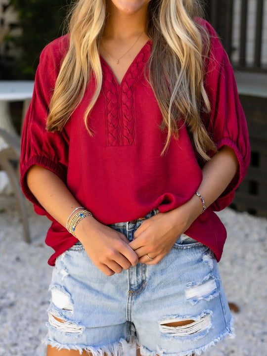 Deep Red braided detail half-sleeve blouse with V-neck textured front panel