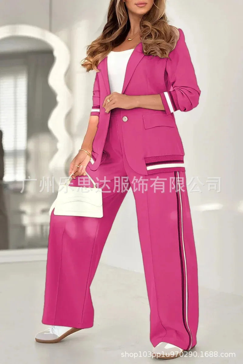 Women Suit Jacket 2 Piece Sets Striped Blazer Coat Turn Down Collar Single Breasted Wide Leg Pants Ensemble Office Lady Outfits
