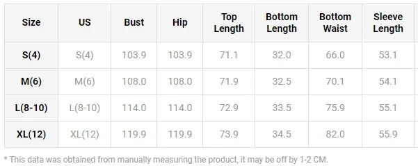Size chart table: US S–XL with bust, hip, top length, bottom length, waist, and sleeve length