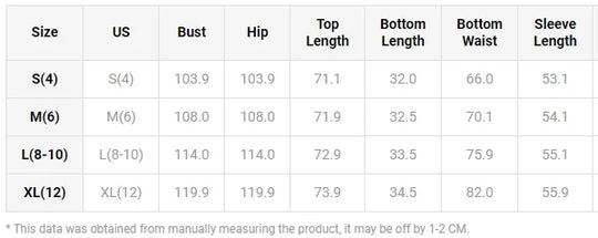 Size chart table: US S–XL with bust, hip, top length, bottom length, waist, and sleeve length