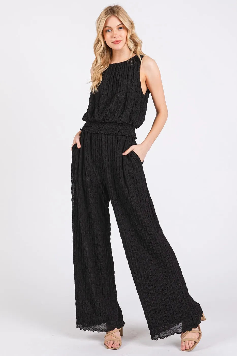 Textured crop tank & wide-leg pants set, black