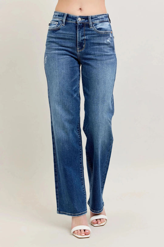 High-waist straight-leg jeans with button closure and classic 5-pocket design, medium blue wash