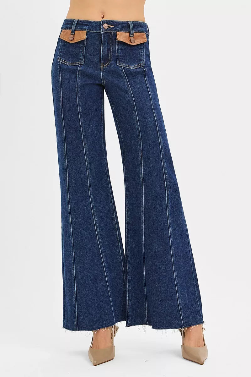 Dark high-rise wide-flare jeans with leather-look front pocket tabs