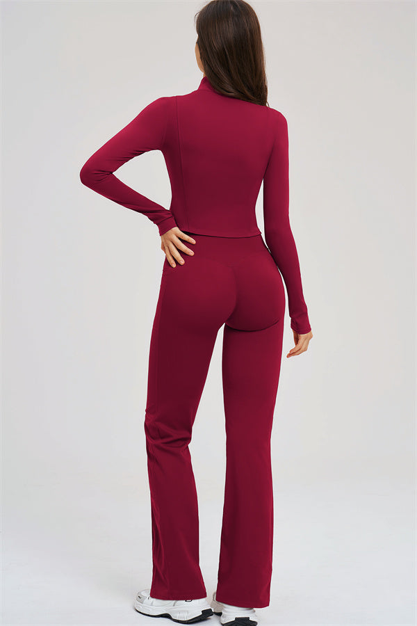 Burgundy activewear set: zip jacket and flared leggings, back view