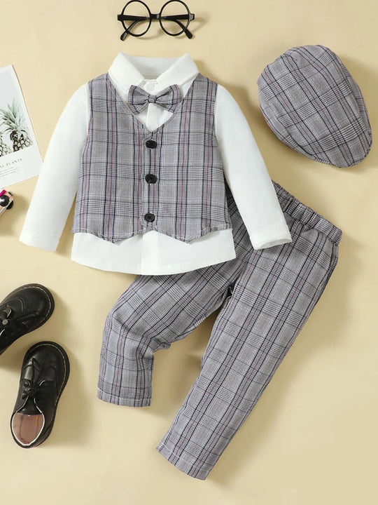 Plaid vest and long-sleeve shirt set with matching plaid pants, cap included
