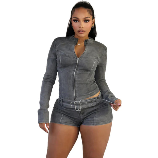 Dark gray zip-up denim jacket and denim shorts with attached belt, front view