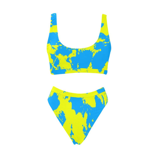 Gelb-blaues Paint-Splatter Bikini-Set: Sporttop und High-Waist Slip