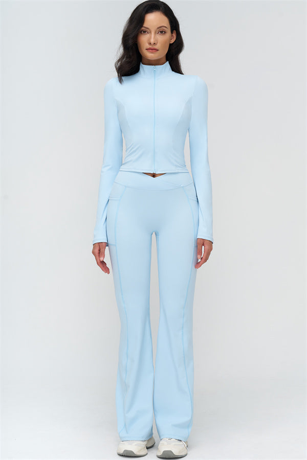 Light blue zip-up jacket and matching flared leggings set, full outfit front view