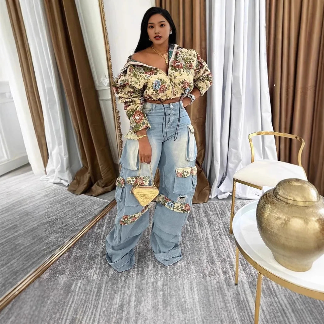 Purplish Diva Set: floral zip hoodie cardigan with light-blue cargo denim pants, patchwork pockets