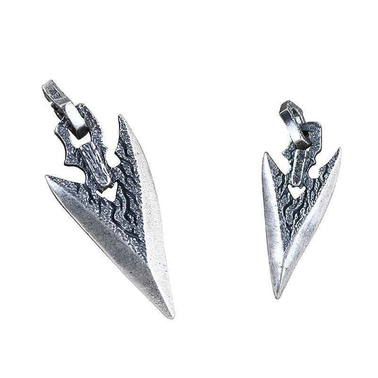 Silver weapon-shaped pendant necklace with dagger tip, two angles shown