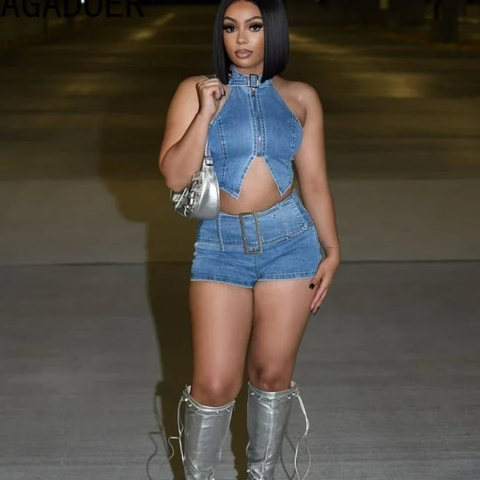 Sky blue denim 2-piece outfit: zipper halter crop top and high-waist shorts