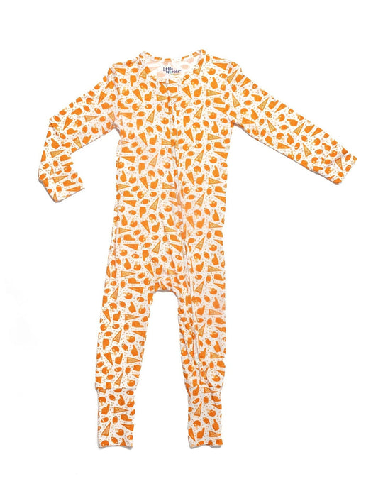 Toddler bamboo pajama set, orange-and-white football print, full-length footed legs