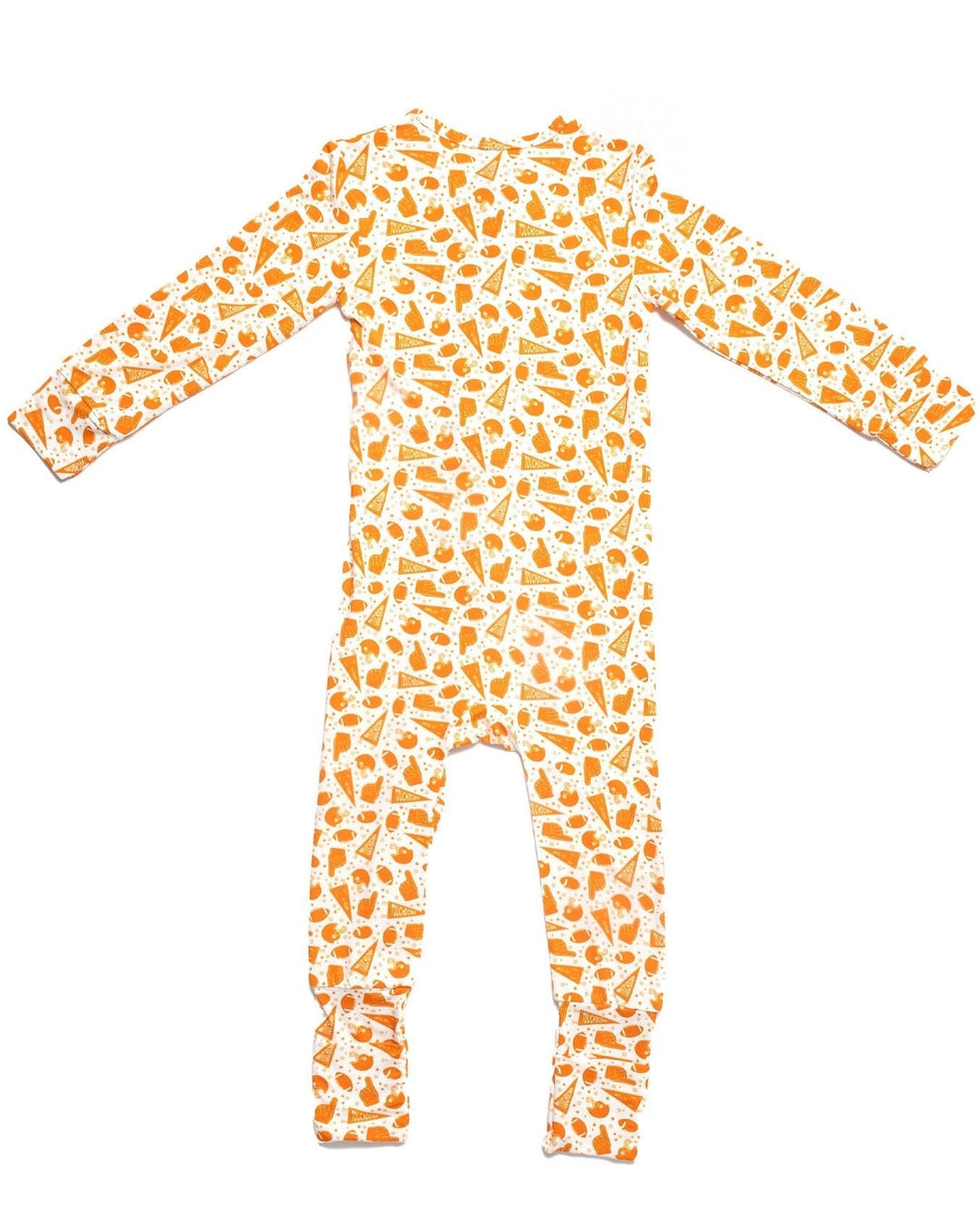 Toddler bamboo pajama set back view with orange-and-white football print
