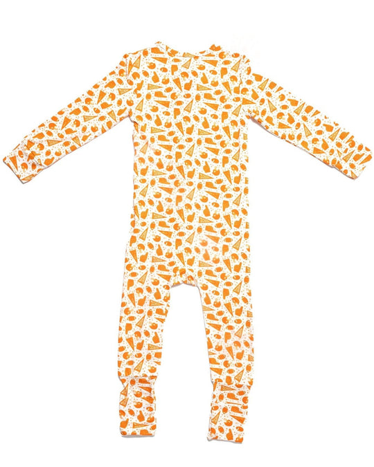 Toddler bamboo pajama set back view with orange-and-white football print